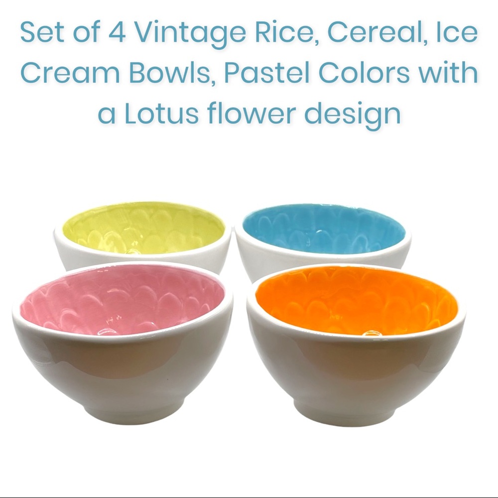 Set of 4 Vintage Rice Bowls Pastel Colors Lotus Flower Design Cereal Ice Cream